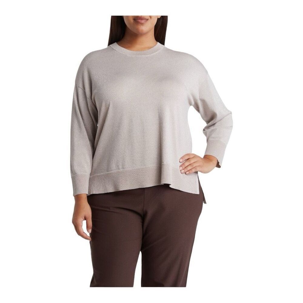 T Tahari metallic crew neck sweater top high low size 1X NWT in platinum lurex